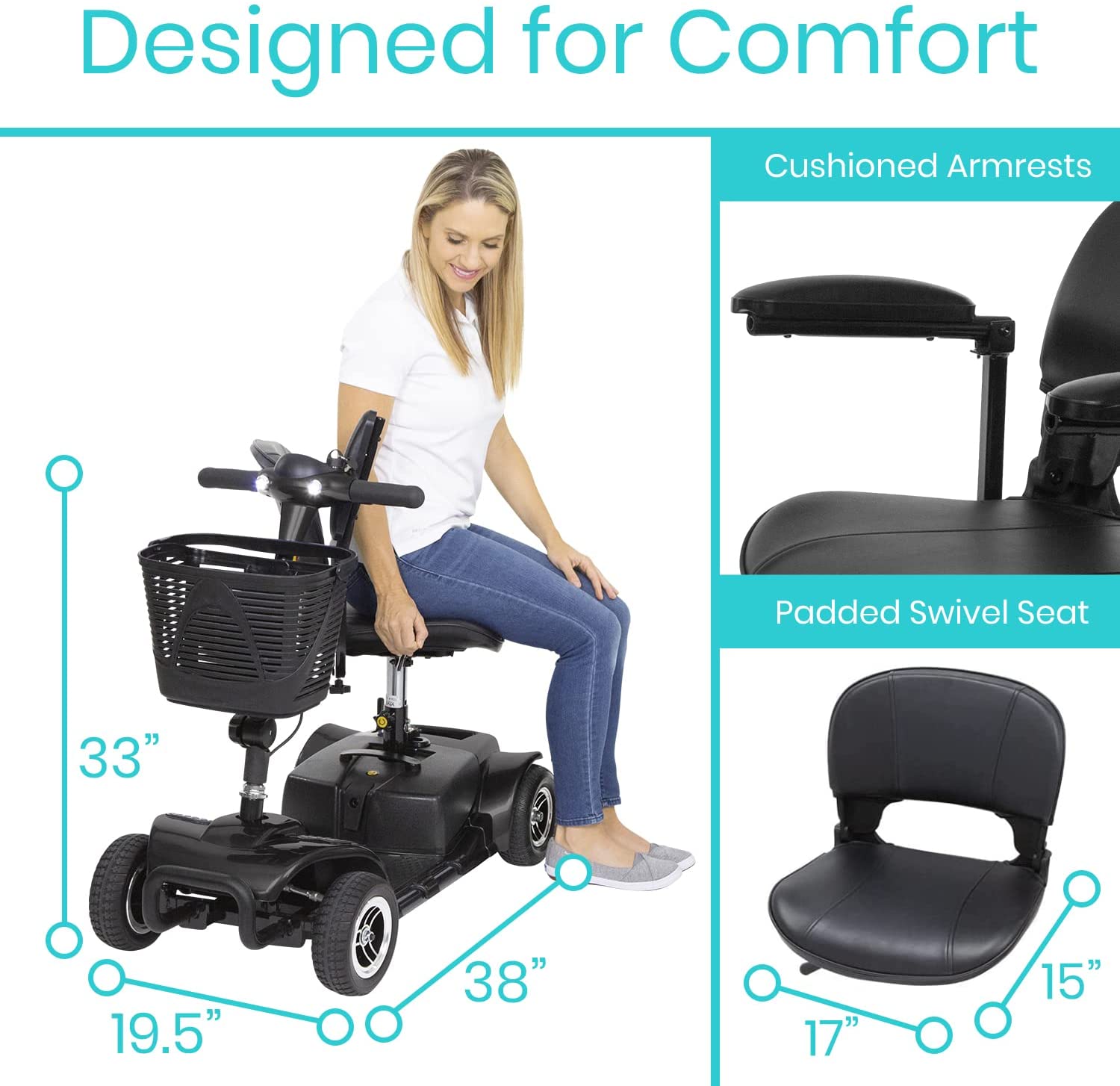 Vive Health Lightweight & Easy To Carry 4 Wheel Folding Mobility Scooter - Long Distance, Comfort Swivel Seat, w/ Anti-Flat Tires For Seniors