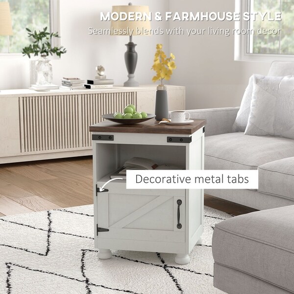 HOMCOM Small Side Table with Storage，Farmhouse End Table with Open Shelf and Cupboard，Modern Sofa Table with Wood Legs