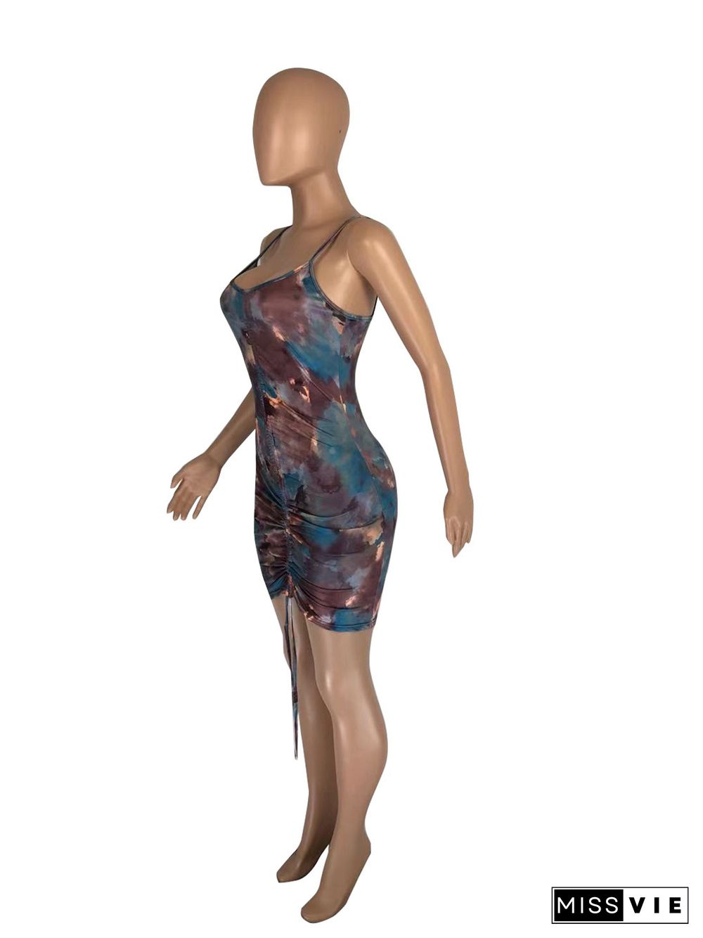 Tie Dye Print Sleeveless Drawstring Ruched Bodycon Midi Dress