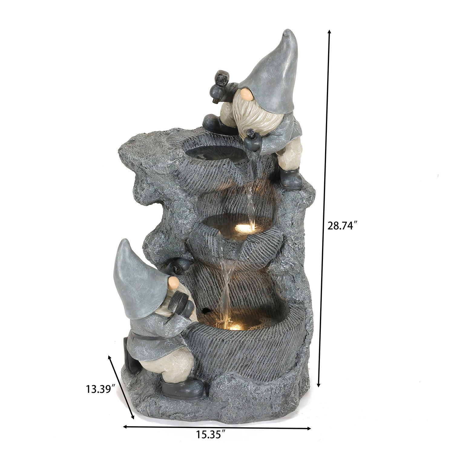 LuxenHome Gray Resin Gnomes Rock Bowl Outdoor Fountain with LED Lights