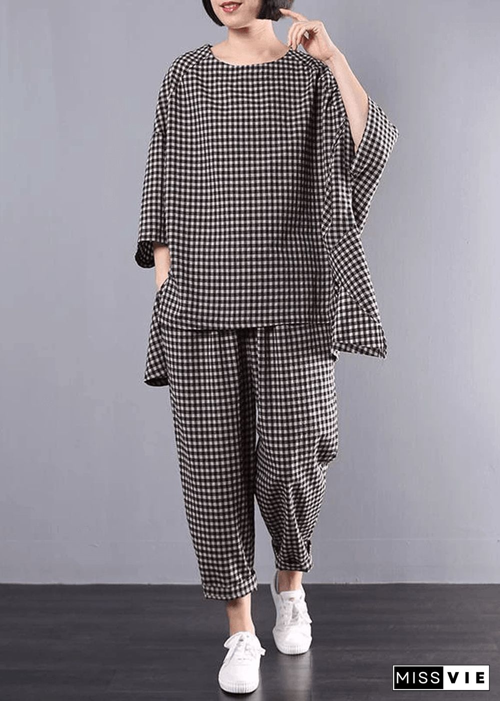 Casual Plus Size Cotton Linen Yellow Plaid Vintage Blouse And Pants Two Pieces Set(Limited Stock)