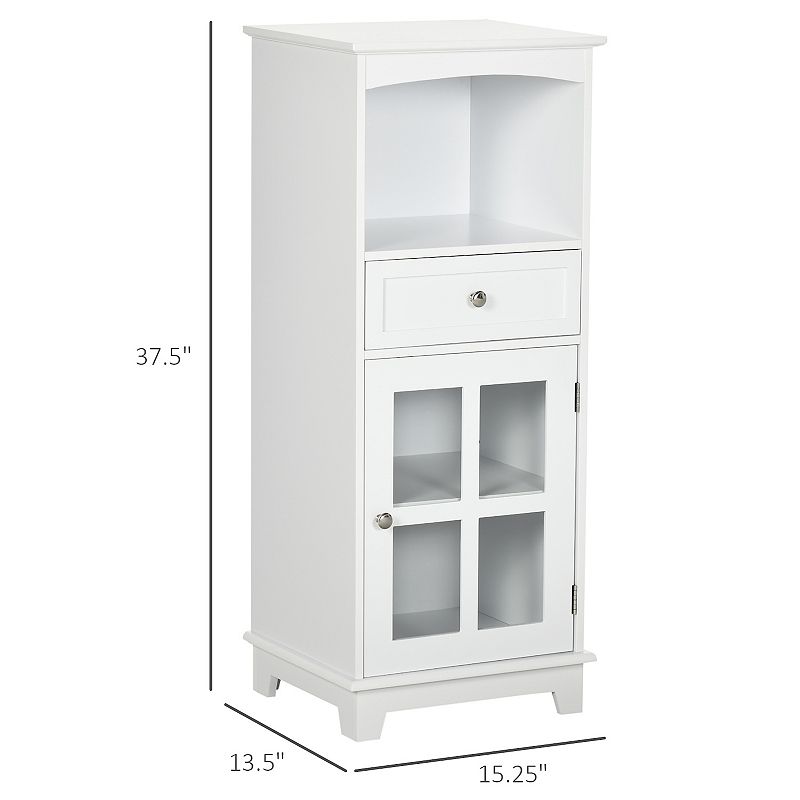 kleankin Bathroom Floor Cabinet with Drawer， Glass Door Side Cabinet， Multifunctional Corner Unit with Adjustable Shelf for Home Office， Living Room， Bedroom， White