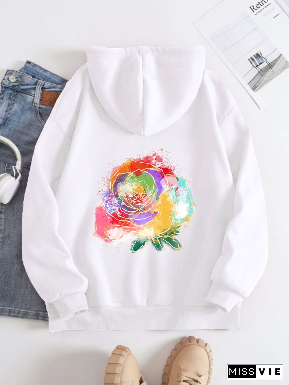 Printed on the Back Kangaroo Pocket Hoodie Long Sleeve for Women Pattern Coloful Rose