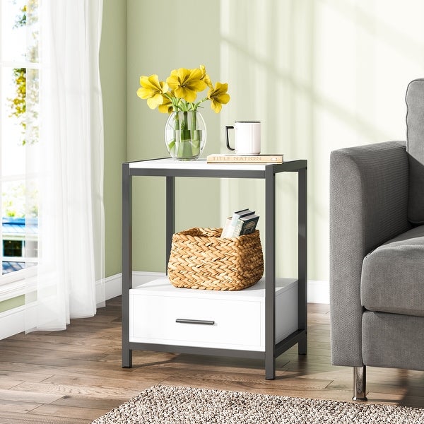 White and Gold Nightstand with Drawer and Storage Shelves