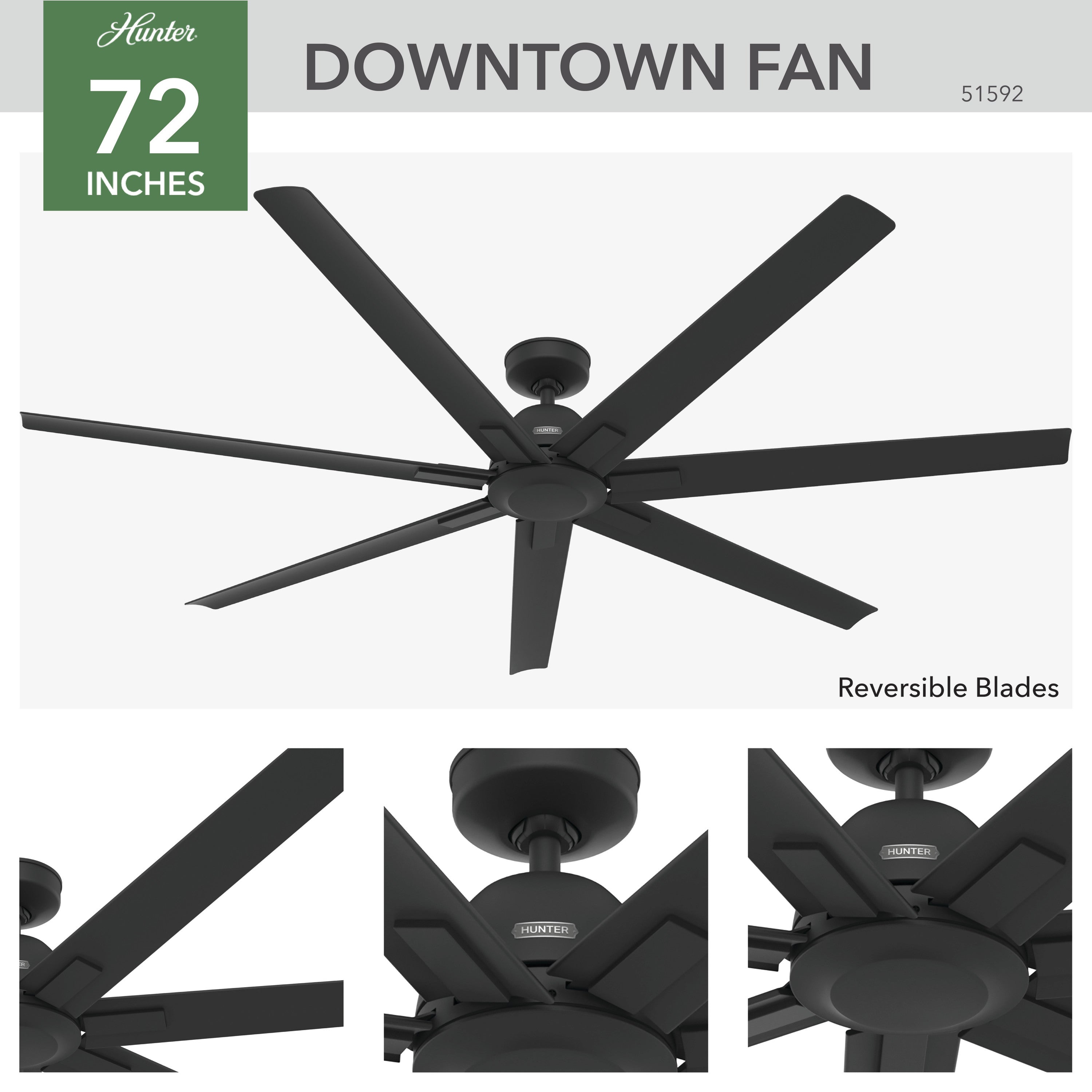 Hunter 72 inch Downtown Matte Black Damp Rated Ceiling Fan and Wall Control