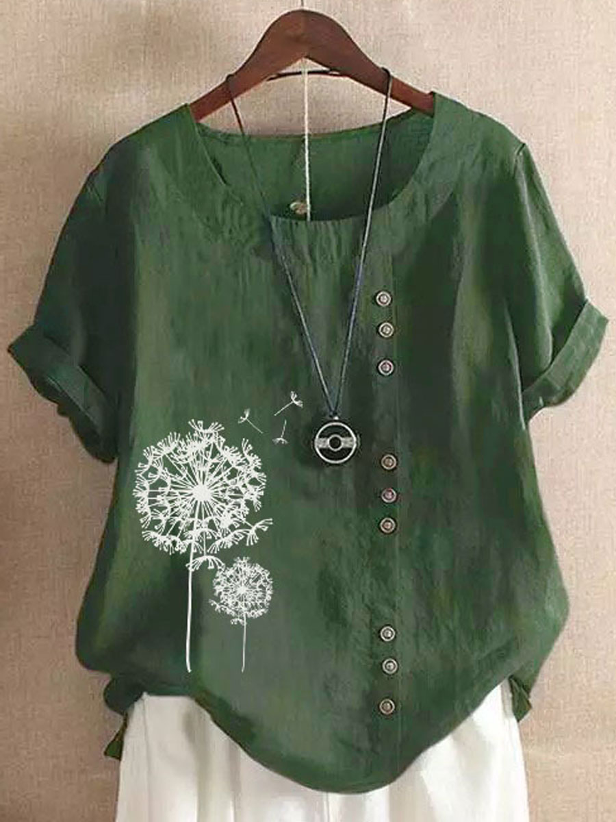 Round Neck Casual Loose Dandelion Print Short Sleeve Blouse