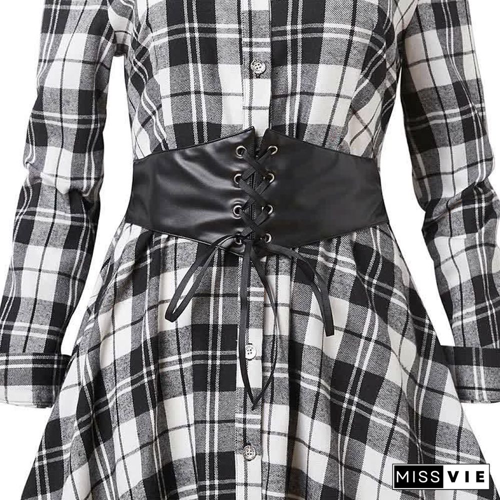 Irregular Plaid Print Lace Up Long Sleeve Shirt Dress