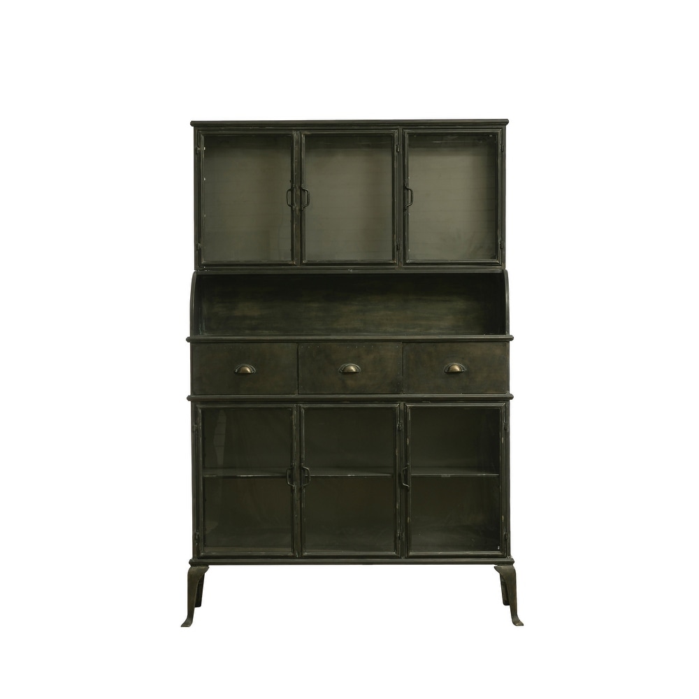 Distressed Metal Buffet with 2 Shelves  3 Glass Doors  3 Drawers   Attached 3 Door Glass Hutch