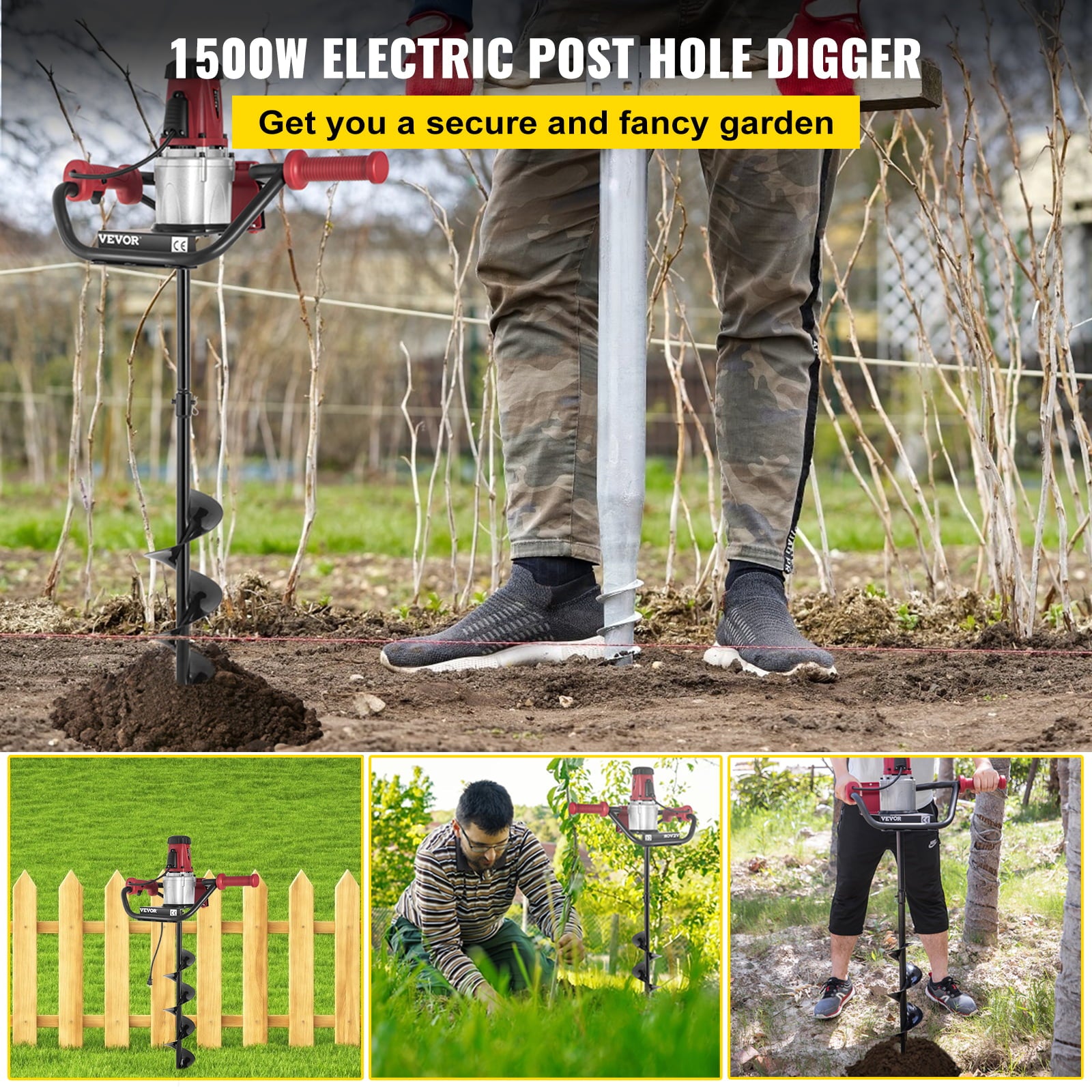 VEVOR Electric Post Hole Digger, Power Post Hole Auger, with 6" Digging Auger Bit Set, 1500 W 1.6 HP Electric Earth Digger Auger