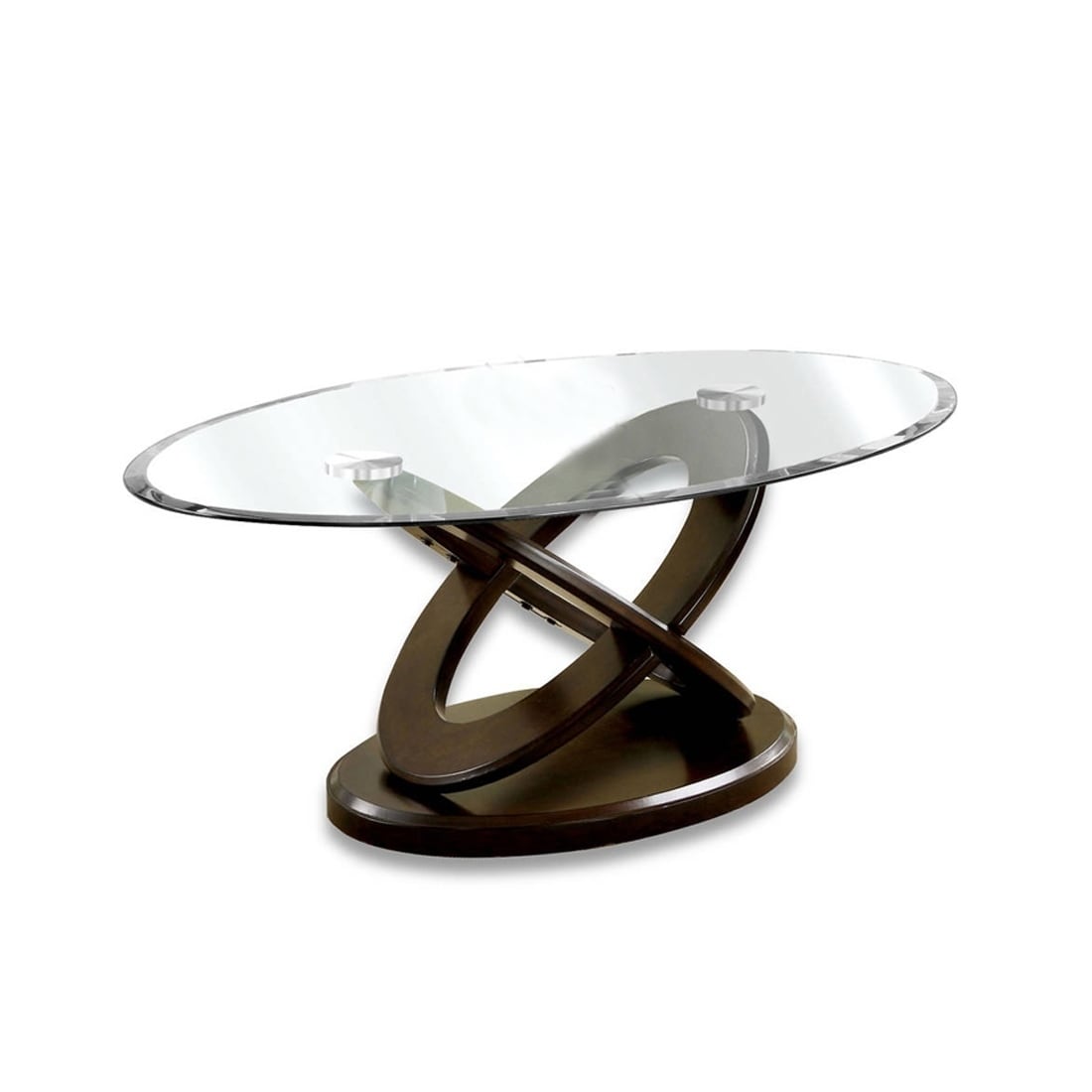 Oval Glass Top Coffee Table with Cross Oval Base， Brown and Clear