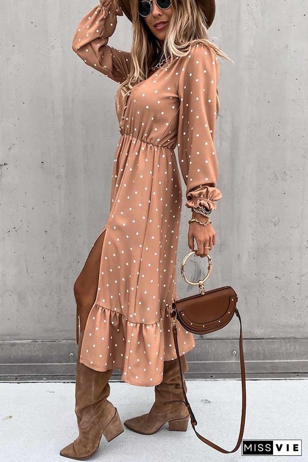 Nisha Dot Button Down Slit Midi Dress