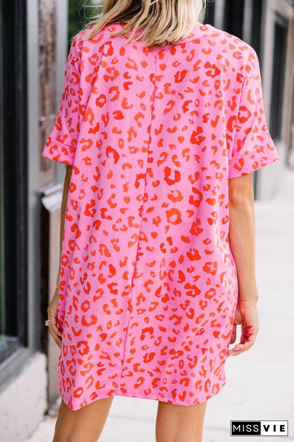 Pink Leopard Print V Neck Shift T-shirt Dress