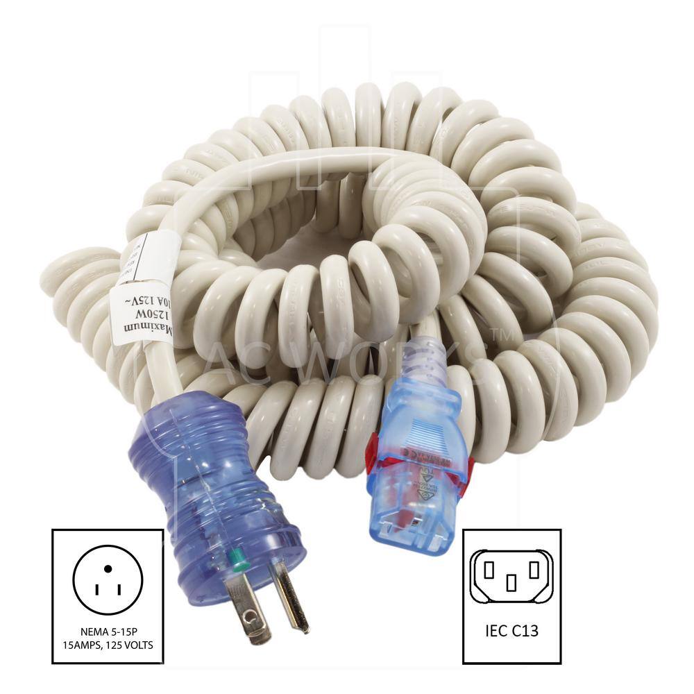 AC WORKS AC Connectors up to 10 ft. 183 10 Amp MedicalHospital Grade Cart Coiled Power Cord with Locking IEC C13 MD195-AL