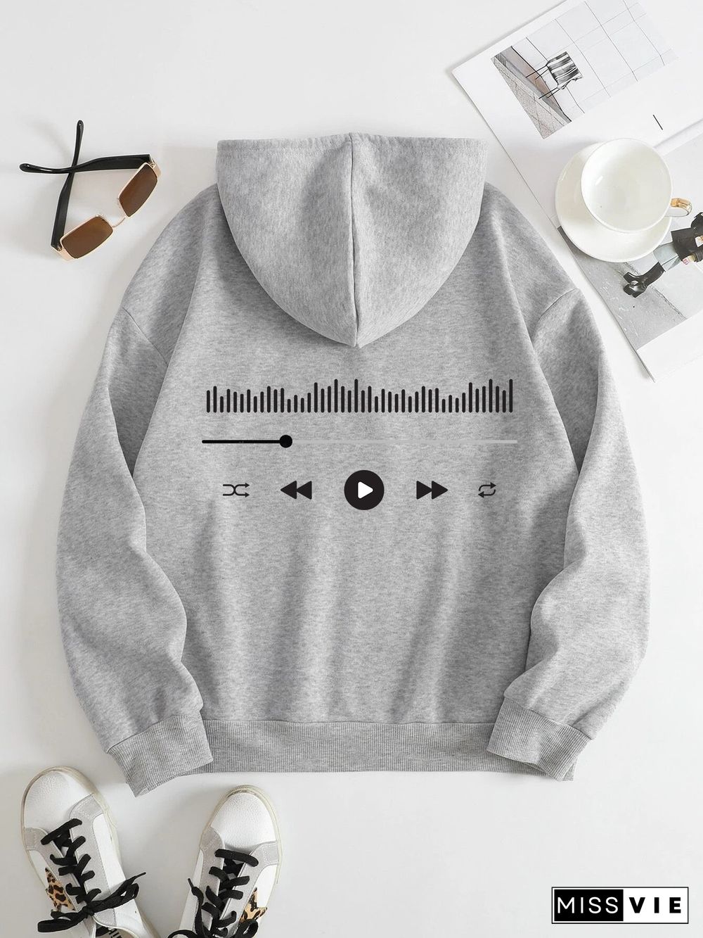 Printed on the Back Kangaroo Pocket Hoodie Long Sleeve for Women Pattern Music Player