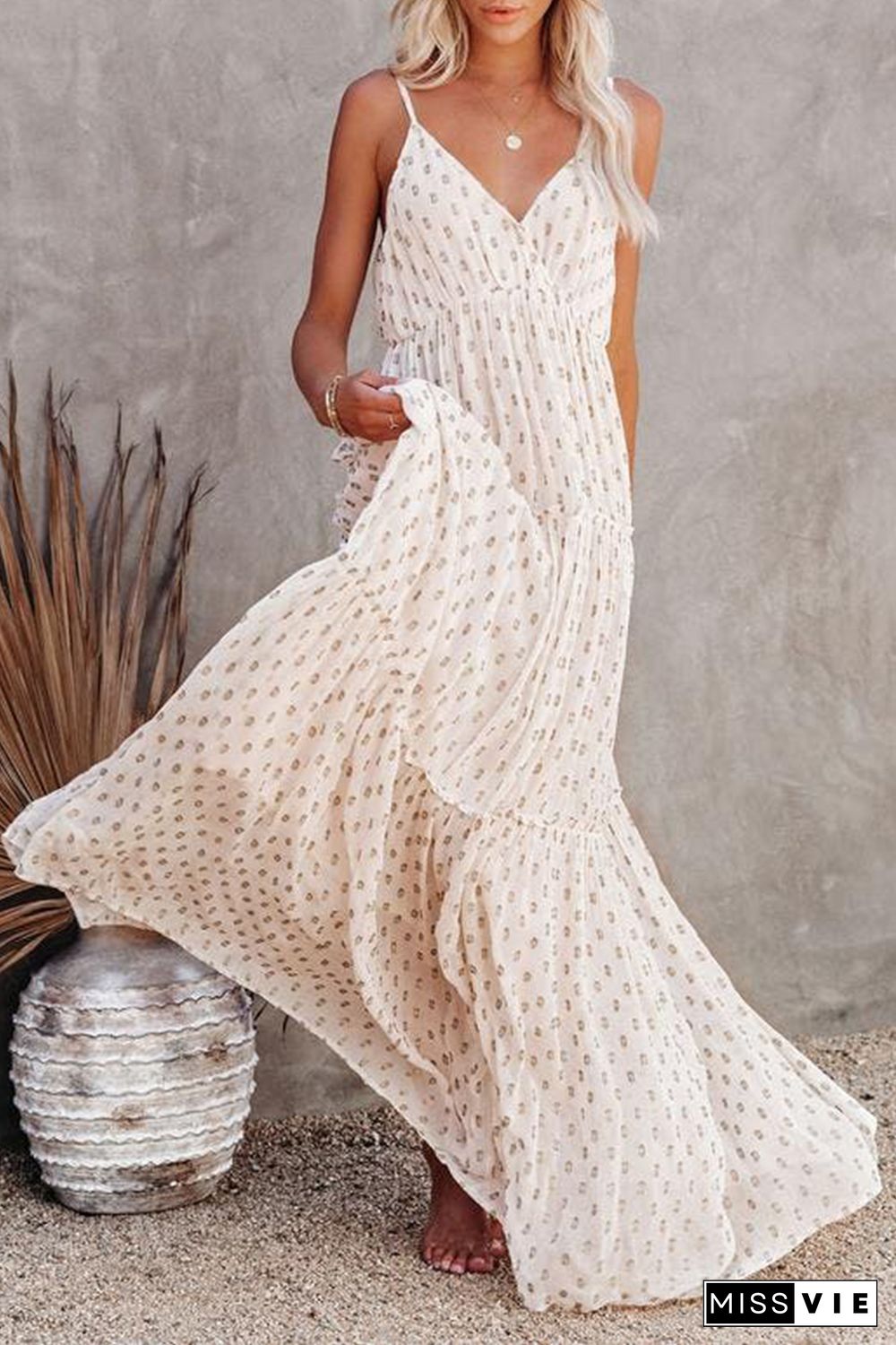 Beige Pattern Print Tiered Ruffled Spaghetti Strap V Neck Maxi Dress