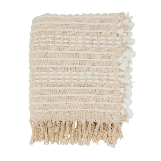 Cozy Cabin Textured Striped Fringe Throw Blanket Natural Saro Lifestyle