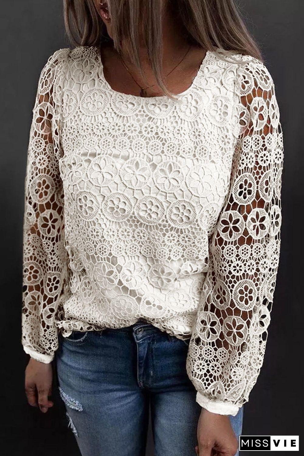 Beige Lace Contrast Hollow-Out Long Sleeve Blouse