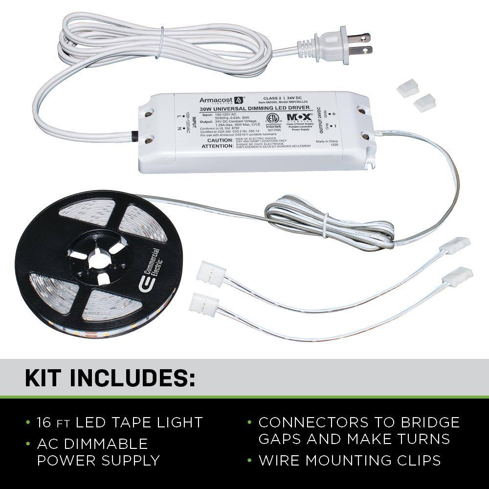 Commercial Electric 16 ft. LED AC Dimmable White Tape Light Kit Under Cabinet Light 421511