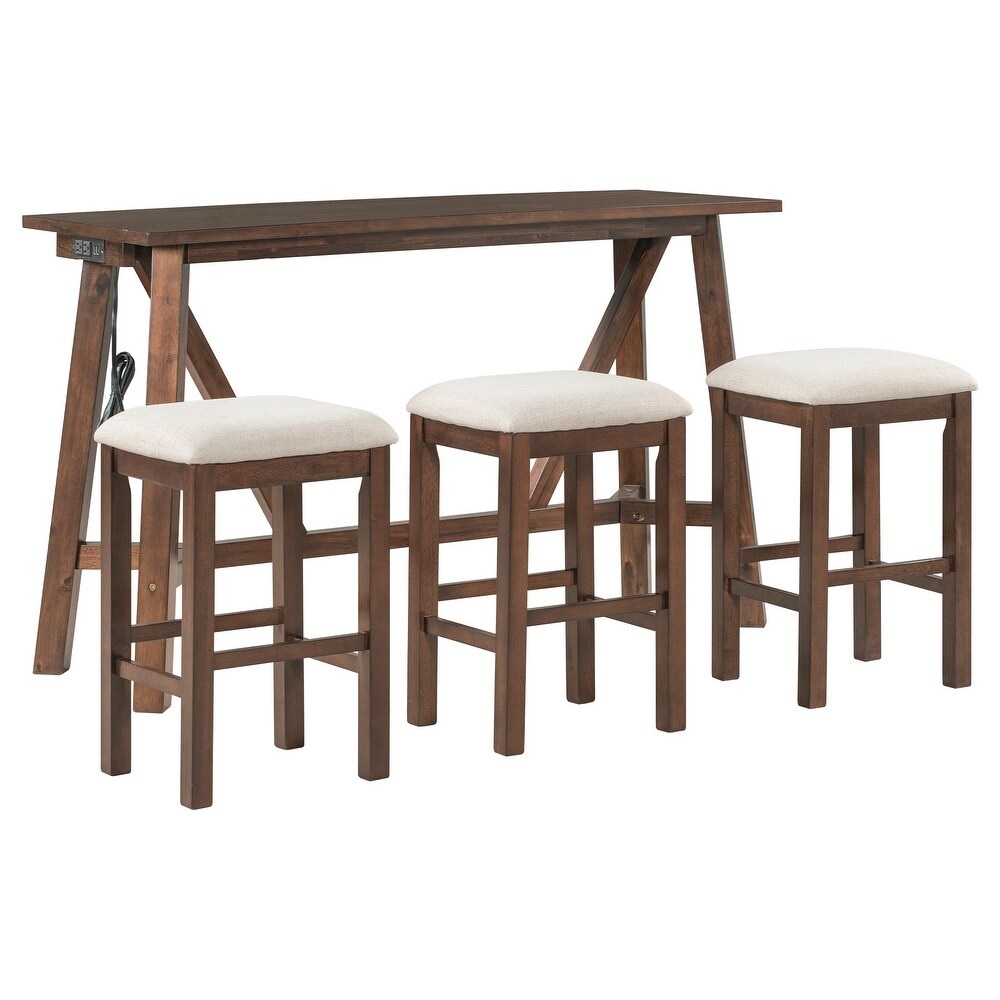 4 Piece Dining Table Set w/USB Ports   3 Upholstered Bar Stools Walnut