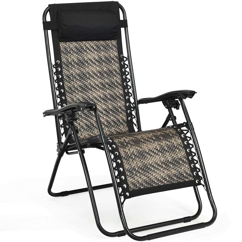 Rattan Folding Zero Gravity Lounge Chair Outdoor with Removable Pillow, Locking System, Adjustable Portable Patio Armchair