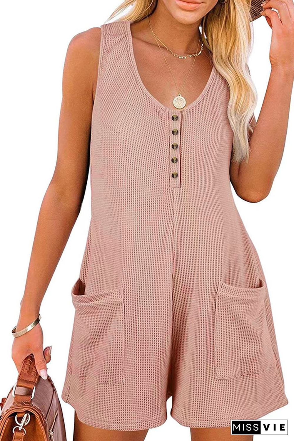 Sleeveless Button Waffle Romper with Pockets