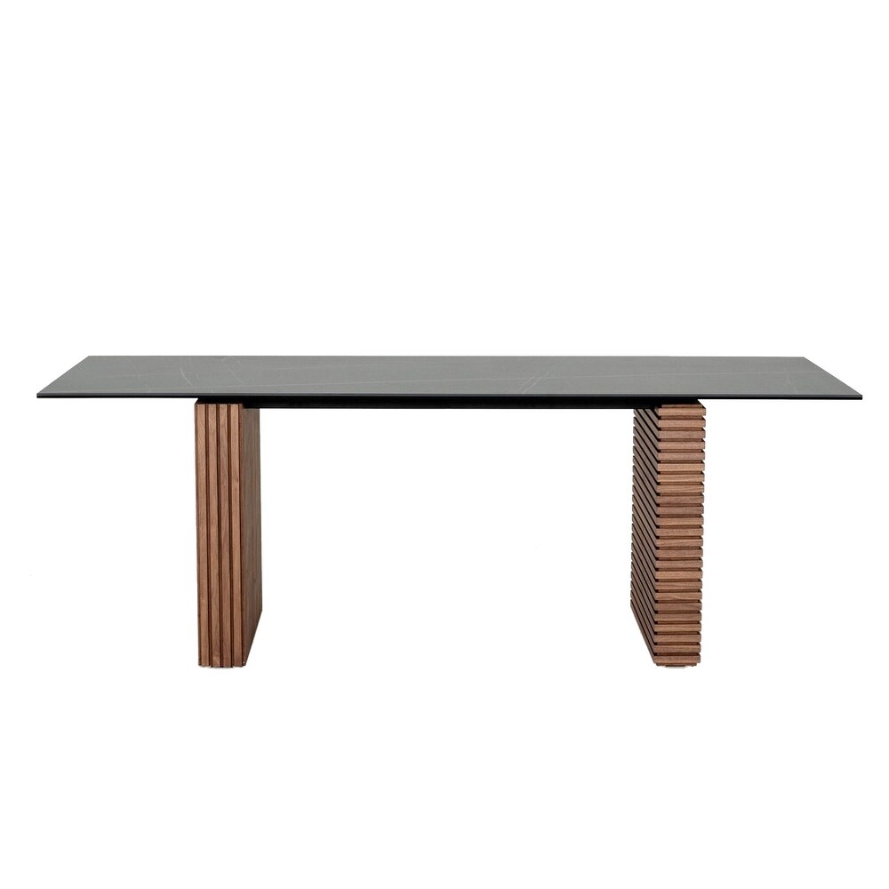 Ceramic Top Dining Table with Double Pedestal Base  Brown and Black