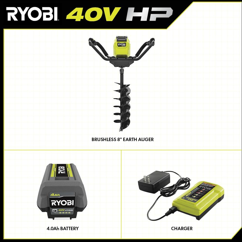 RYOBI 40V HP Brushless Cordless Earth Auger with 8 in. Bit with 4.0 Ah Battery and Charger RY40710