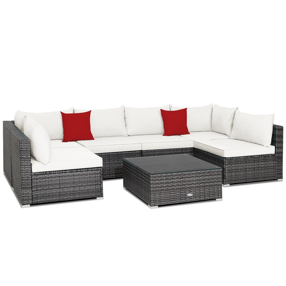 7PCS Patio Rattan Furniture Set Sectional Sofa Cushioned Garden