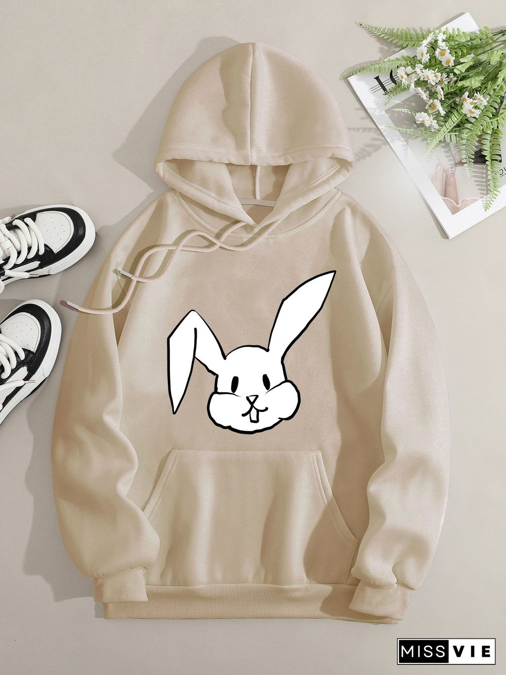 Printed on front Kangaroo Pocket Hoodie Long Sleeve for Women Pattern Big-Eared Rabbit