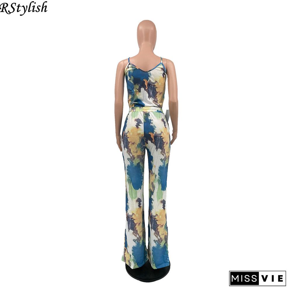 Tie Dye Sexy Spaghetti Strap Top High Waist Long Pants 2 Piece Set