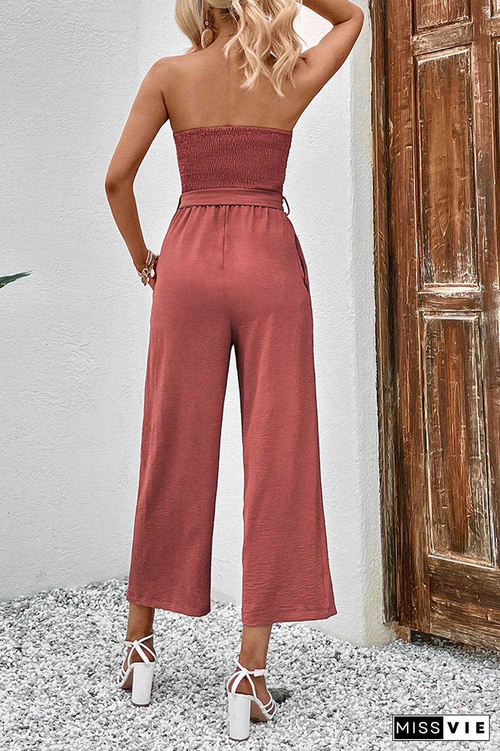 Red Off Shoulder Button Up Jumpsuit with Pockets