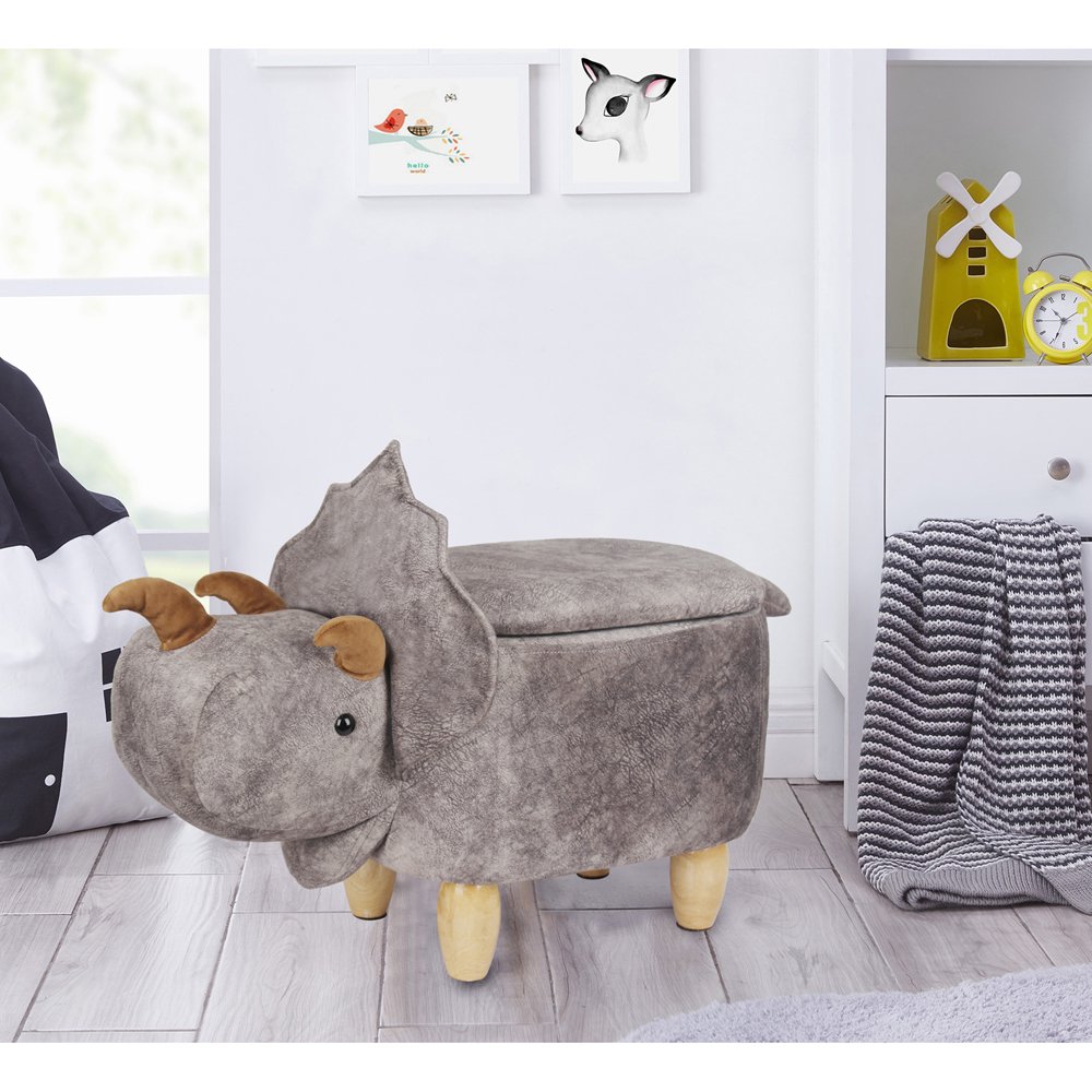 GIA Design Group Soft Plush Kids Animal Ottoman Stool with Storage， Cera Triceratops Dinosaur