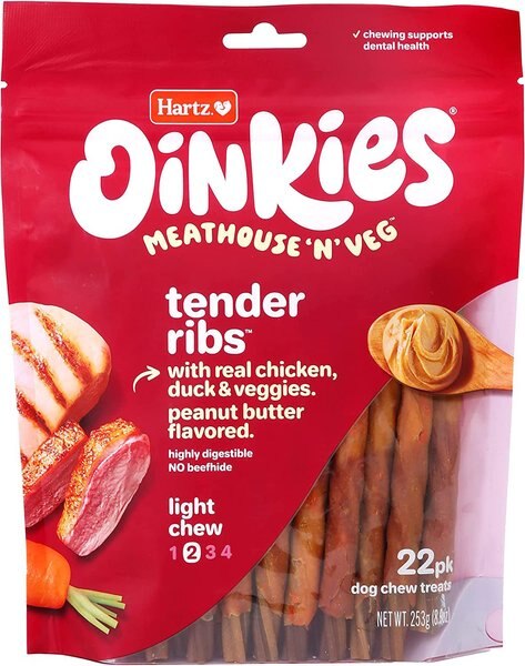 Hartz Oinkies Meathouse'n'Veg Tender Ribs Natural Chew Dog Treats， 22 count