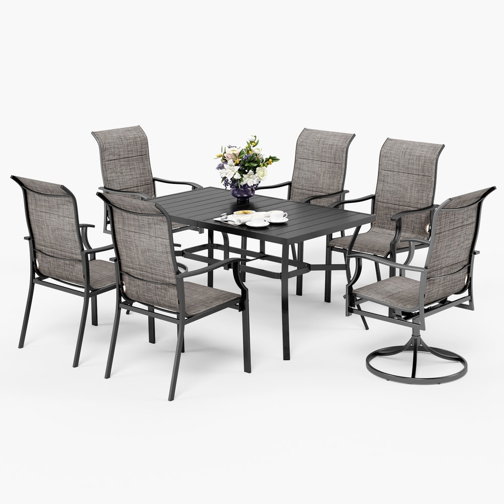 7 Piece Outdoor Patio Dining Set  6 Padded Sling Fabric Chairs and 1 Rectangular Dining Table with Umbrella Hole