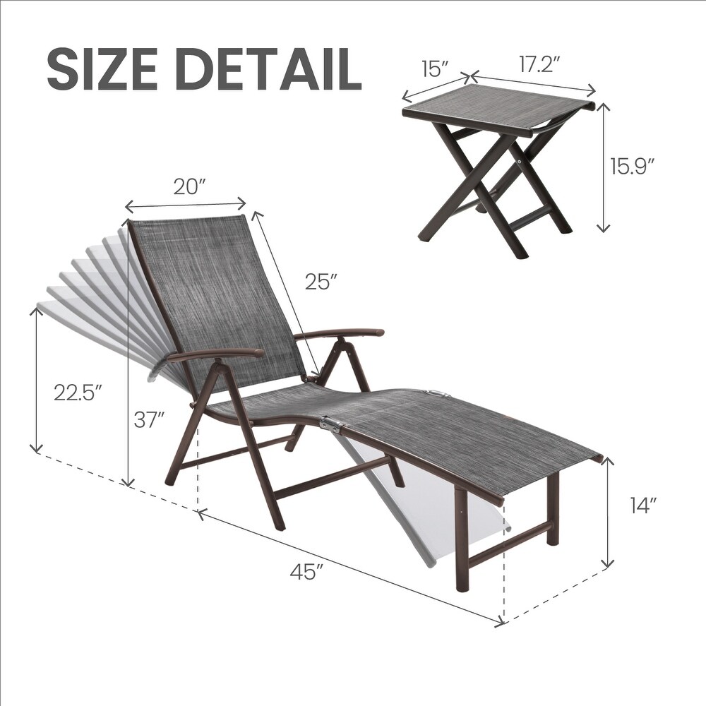 VredHom Outdoor Portable Folding Chaise Lounge Chair with Table (Set of 3)   70\