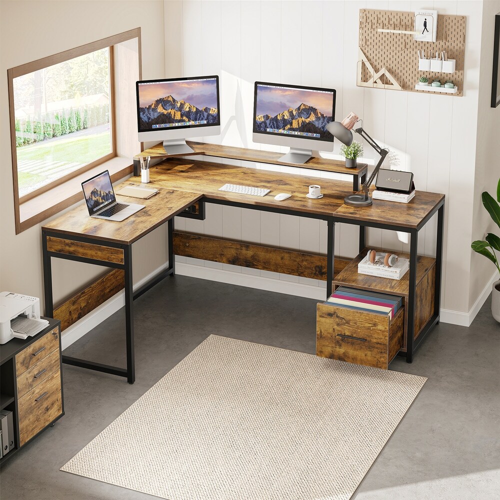 Moasis L Shaped Wood Computer Desk with File Drawer for Home Office