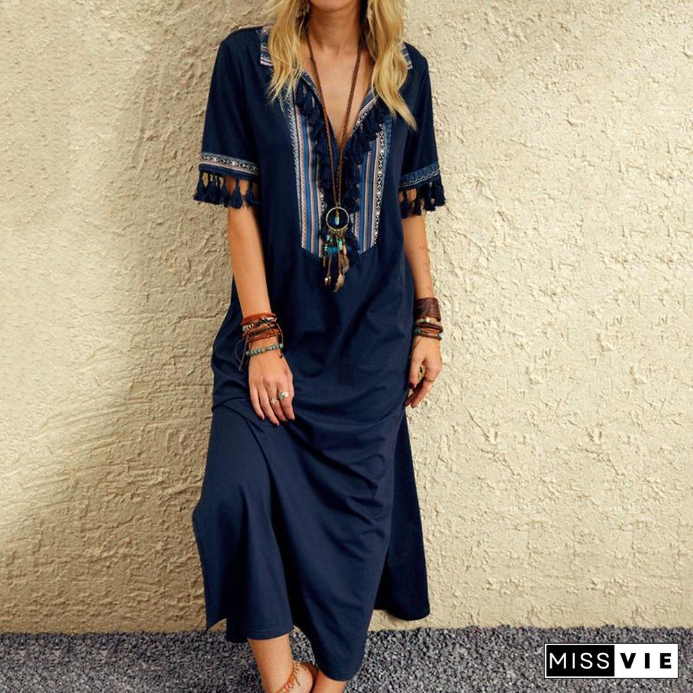 Vintage Tassel Stitching Maxi Dress