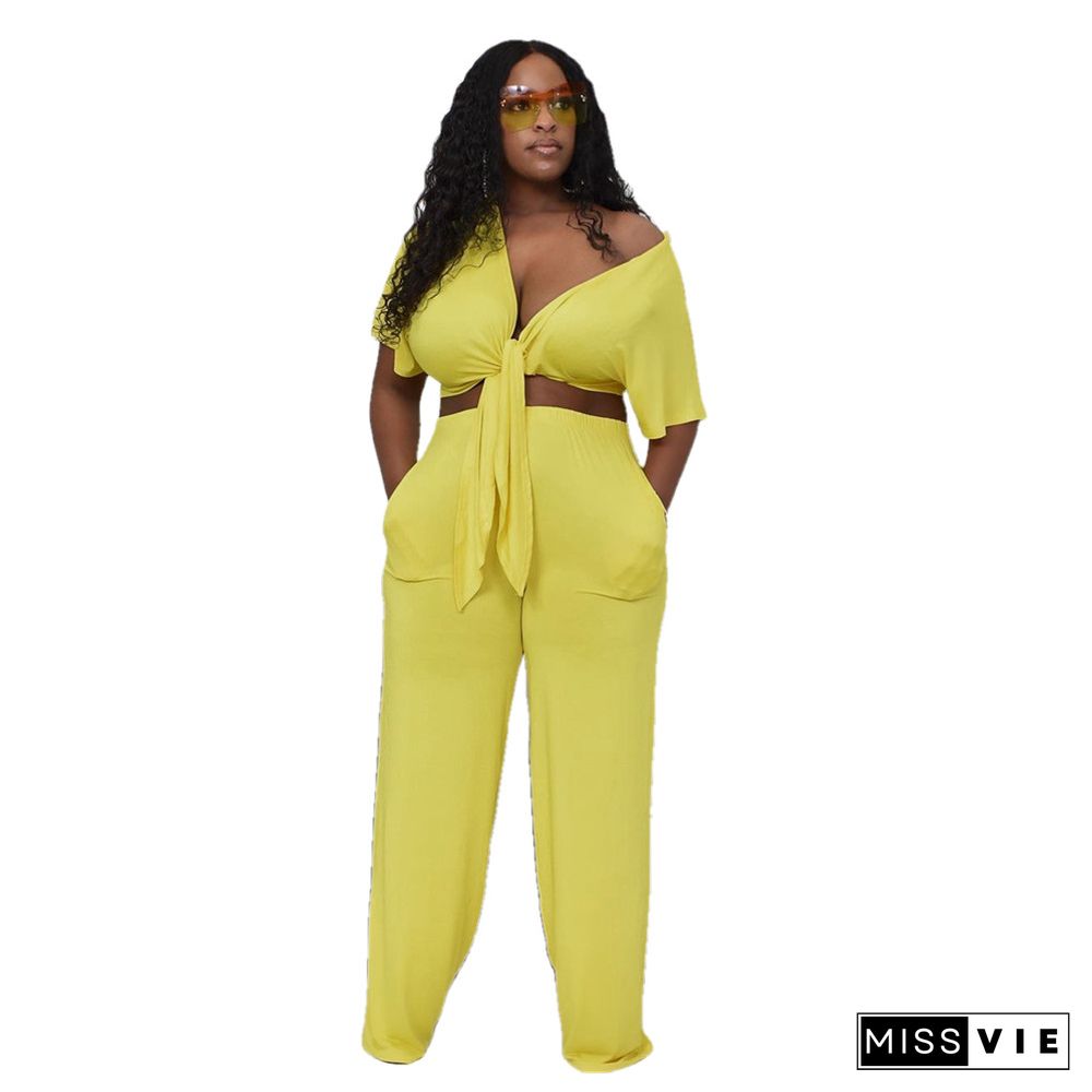 Deep V Bandage Crop Top Wide Leg Pants Set