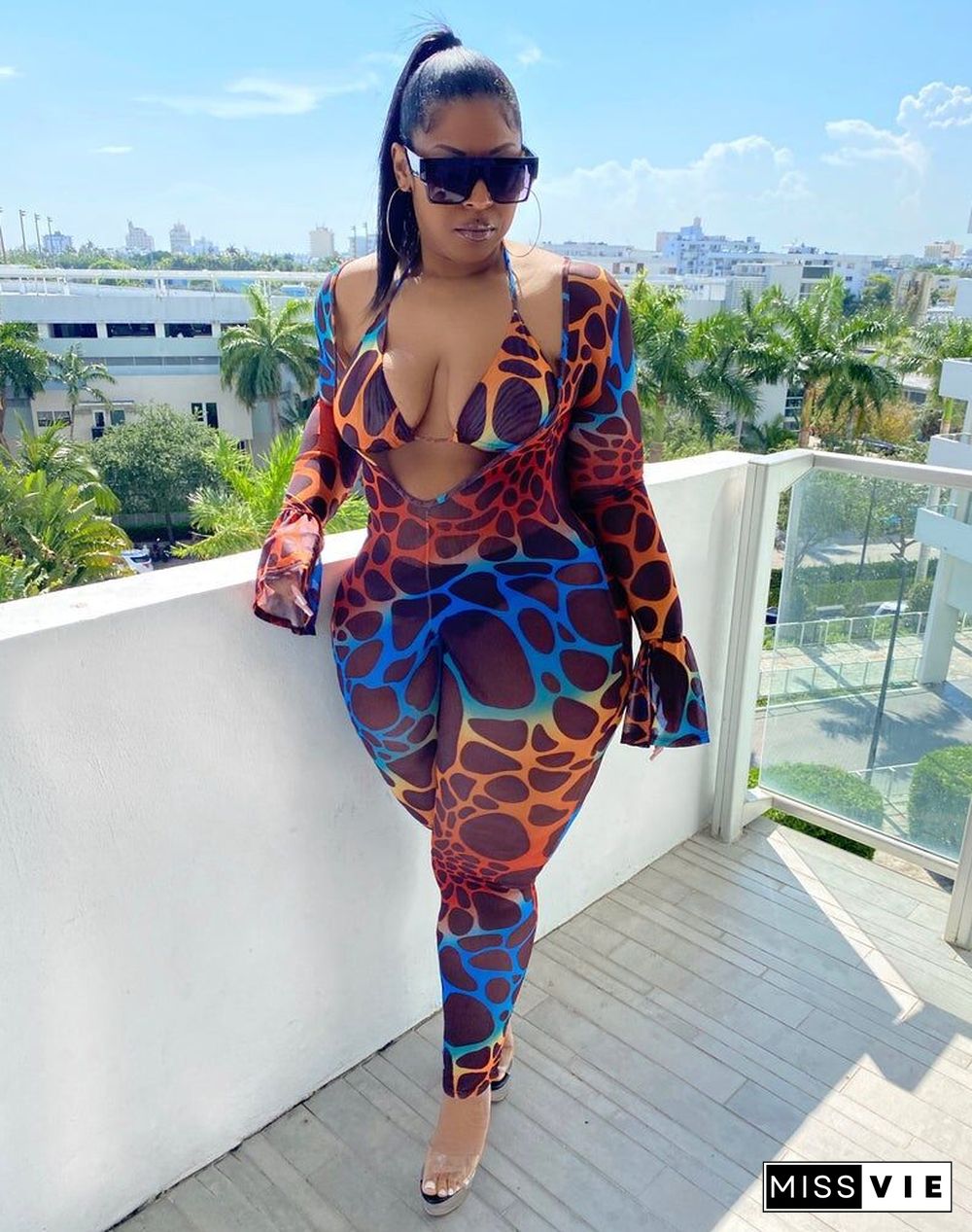 Sexy Beachwear Summer Mesh Print Halter Bra Tops+Full Flare Sleeve V-Neck Bodycon Jumpsuit 2 Piece Set