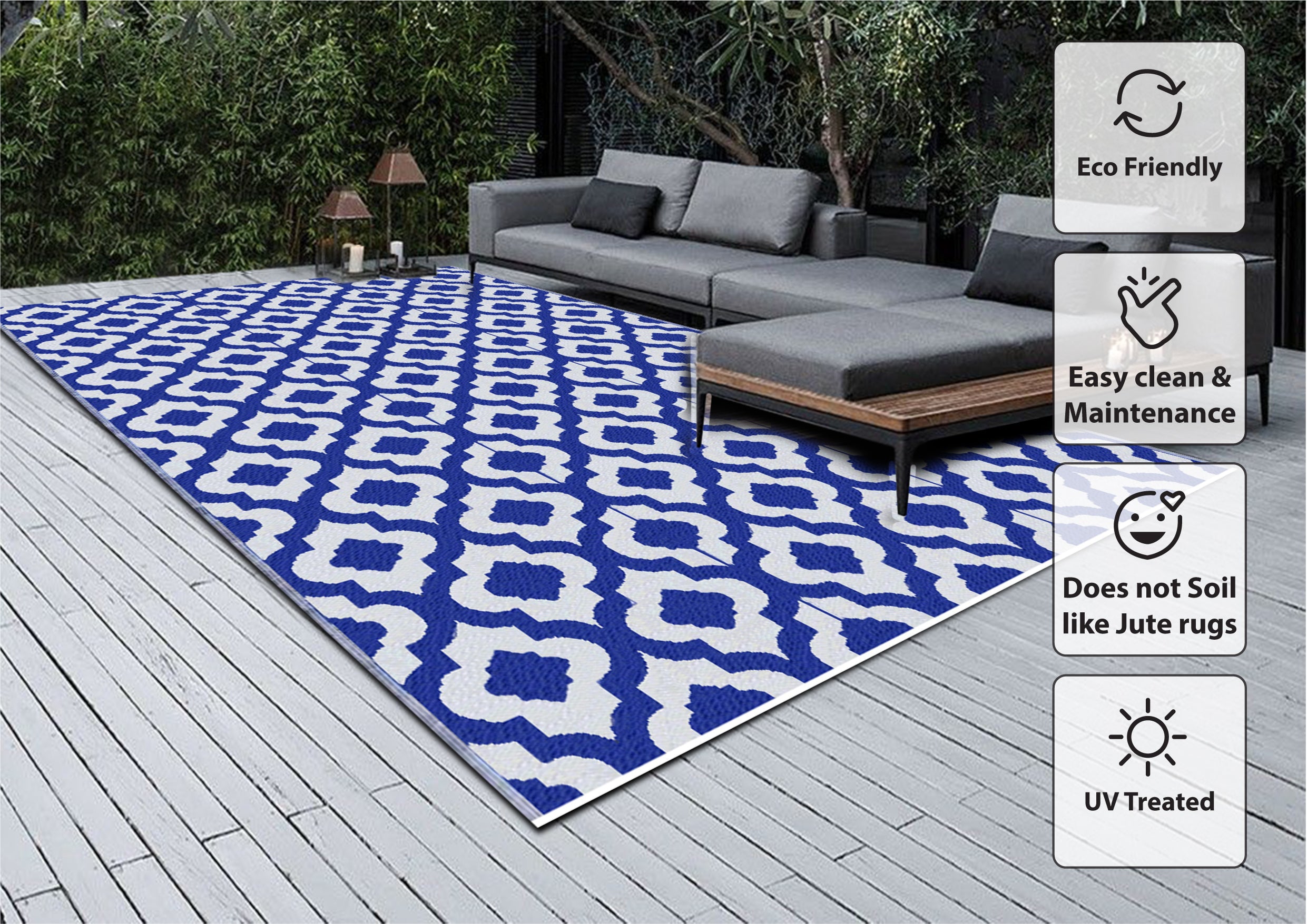 BalajeesUSA 9’x12’ Blue Large Outdoor Patio Plastic Straw Rugs Camping Rv Picnic Rug 4484