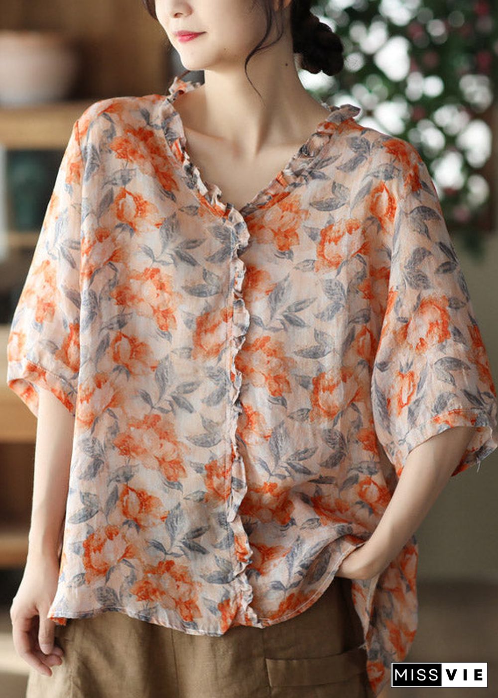 Plus Size V Neck Print Ruffled Linen Tops Half Sleeve