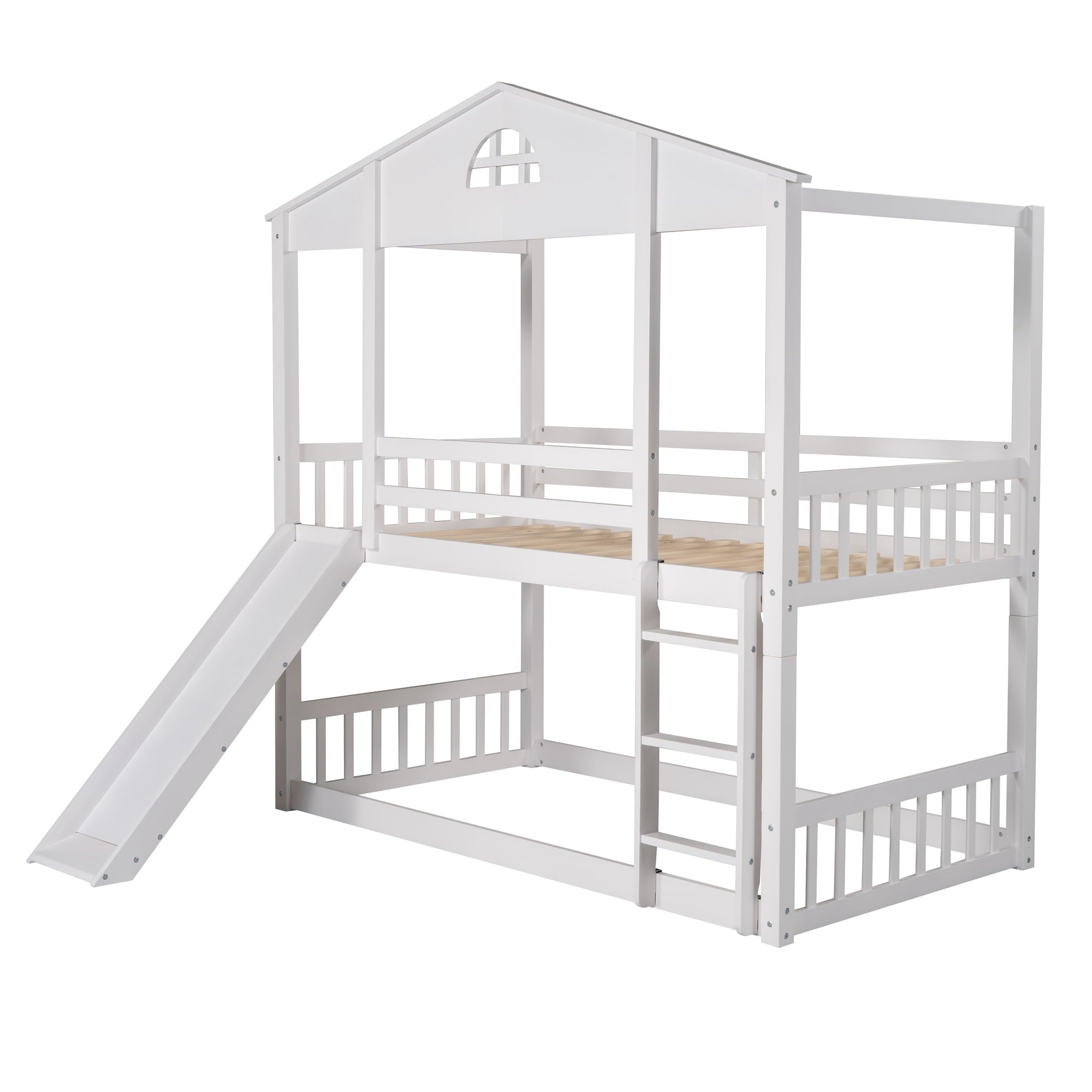 Twin House Bunk Bed with Convertible Slide and Ladder for Kids Room, White