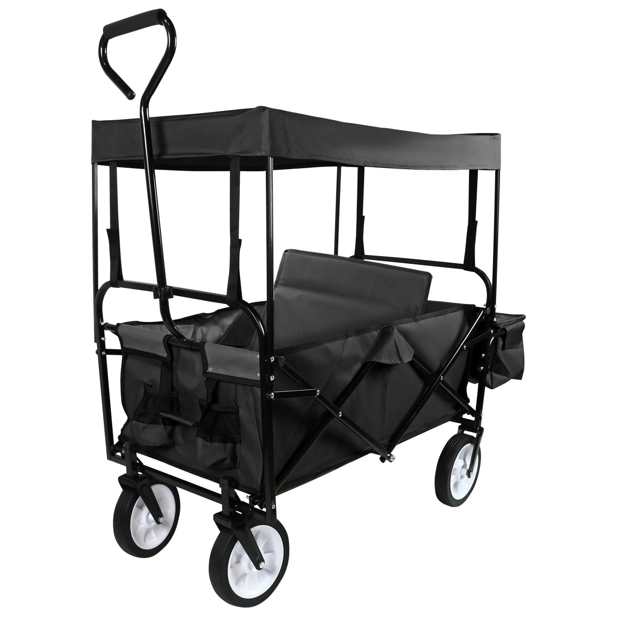 Geniqua Black Utility Collapsible Folding Wagon Cart w/Canopy Garden Beach Toy Sport Buggy