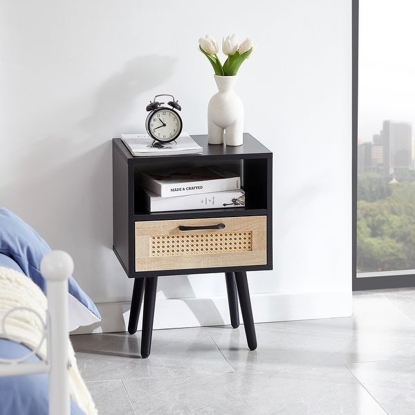 Modern Rattan Side table/Nightstand with 1 Shelf，1 drawer and 4 Solid Wood Legs