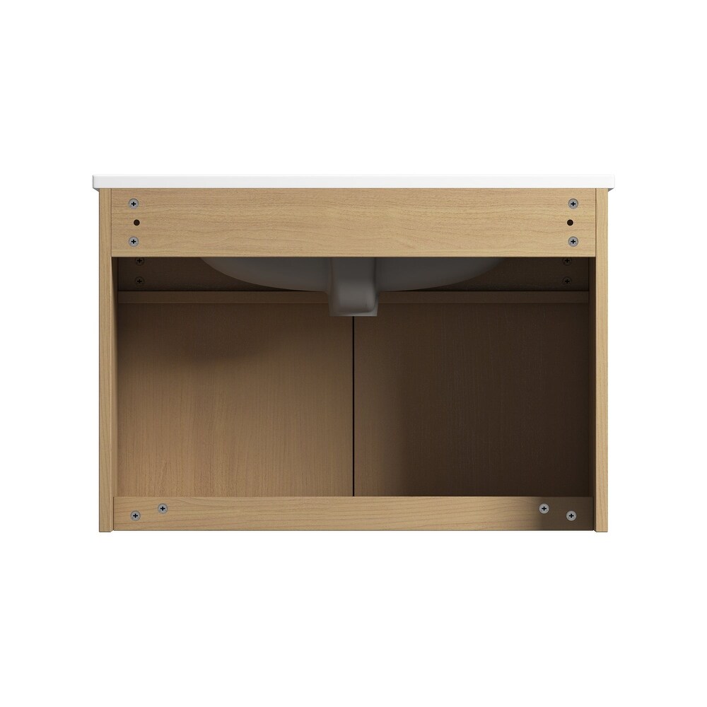 Plywood Wall Mounted Bathroom Vanity Set in Light Oak with Integrated Ceramic Sink