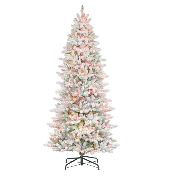 Puleo International 7.5' PreLit Slim Flocked Fraser Fir Christmas Tree