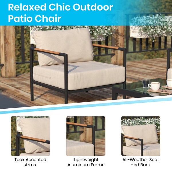 Metal Frame Patio Chair with Teak Arm Accents and Plush Cushions