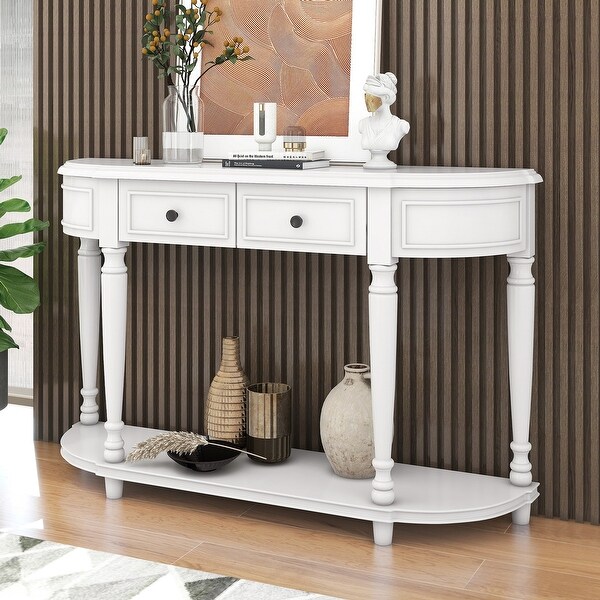 Circular Curved Design Console Table with Shelf and Legs Two Top Drawers