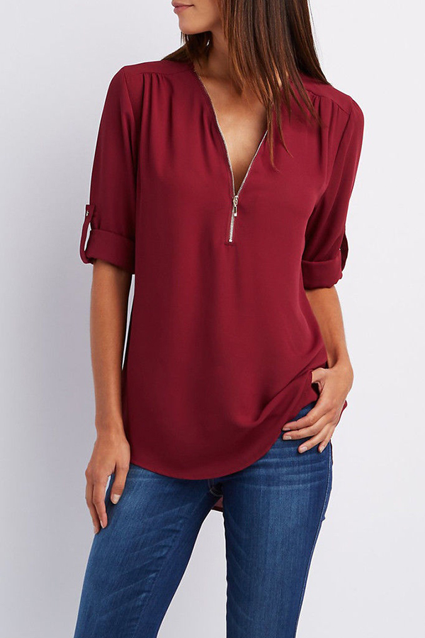 V Neck Zipper Patchwork Plain Blouses