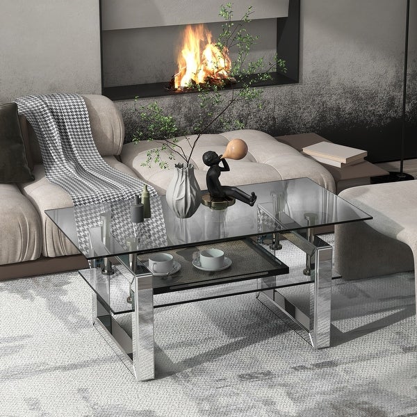 Transparent Tempered Glass Coffee Table with 2-Tier Storage Design， Center Table with Metal Legs for Living Room， Silver